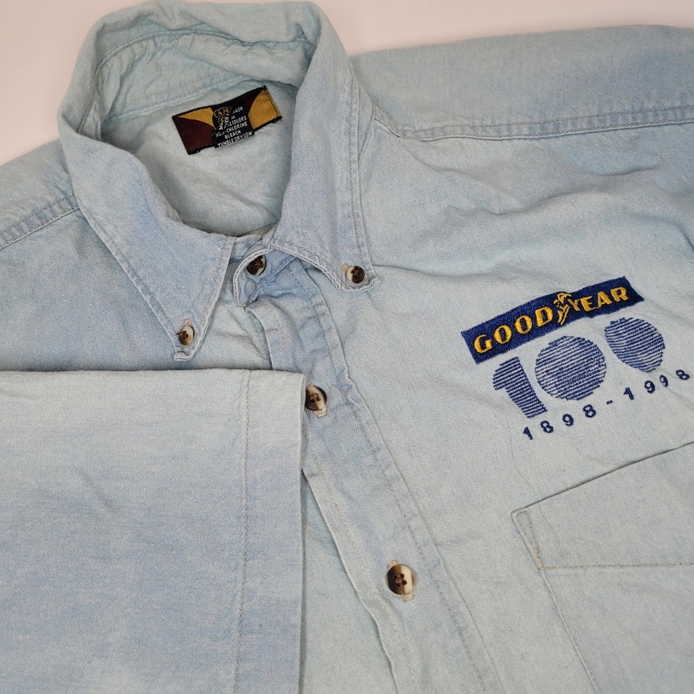 Goodyear Button Down Shirt Mens XL Light Blue Excellent 100th Anniversary Denim